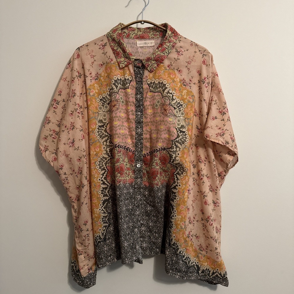 Natural Life Kelly Oversized 100% Cotton Button Down Top Womens OS Pink Boho
